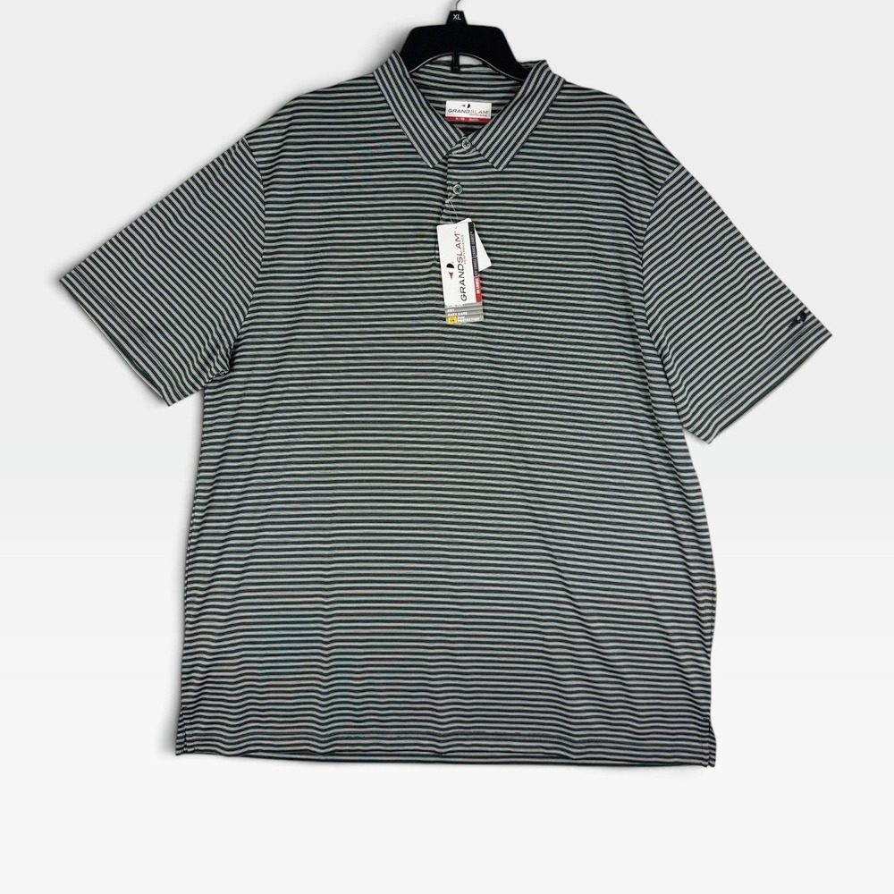 Grand Slam Performance Polo Mens XL Caviar HTR Striped Short Sleeve NWT